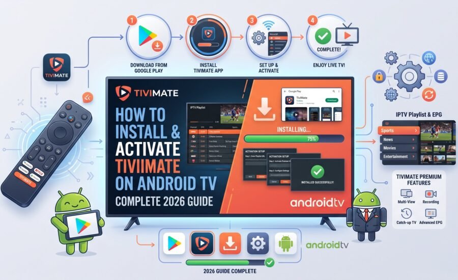 How to install and activate TiviMate on Android TV - complete 2026 guide showing setup, playlist addition, and premium activation
